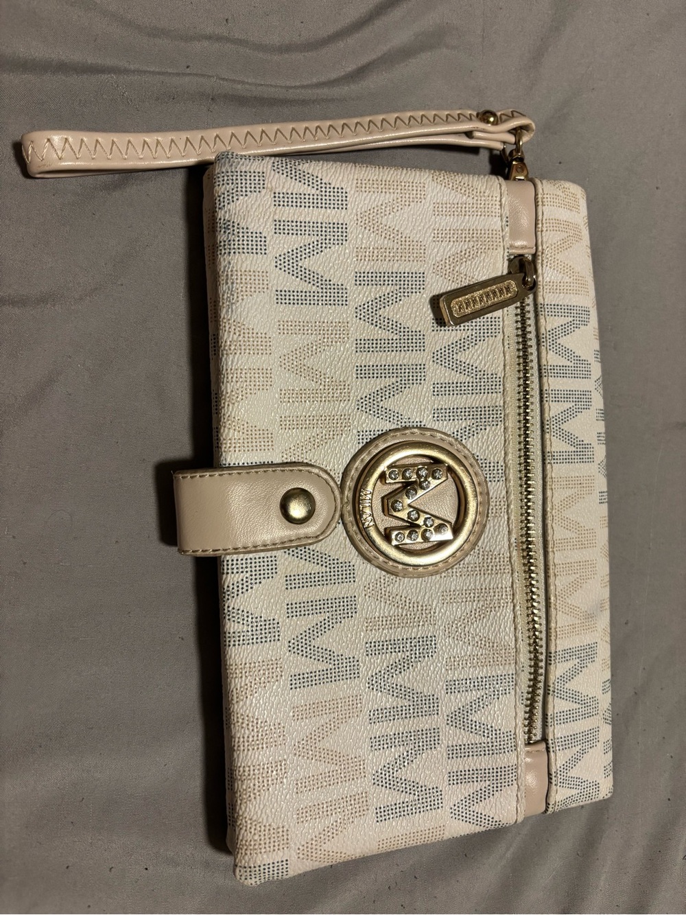 Milan Kiss Cream Logo Wristlet Clutch with Gold Emblem